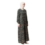 Fistan Tesettür Büzgü Robadan Önü Düğmeli Viskon Kumaş Anne Elbisesi Namaz Elbisesi Etnik Desen Haki 42-44