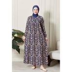 Fistan Tesettür Büzgü Robadan Önü Düğmeli Viskon Kumaş Anne Elbisesi Namaz Elbisesi Etnik Desen Mavi 50-52