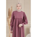 Fistan Tesettür Büzgü Robadan Önü Düğmeli Viskon Kumaş Anne Elbisesi Namaz Elbisesi Gül Pembe S/M