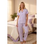 FİT WOMEN Lila-Beyaz Çizgili Gömlek Yaka Pijama Takımı 4629-Lila Kadın Kısa Kollu Düğmeli Uzun Alt Pijama Takımı