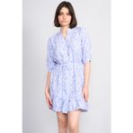 Fithit 6655 Kadın Bisiklet Yaka Yarım Kol Regular Bağcıklı Viskon Elbise Saks Beyaz Üzeri Şablon Desen