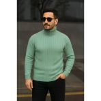 Fitilli Dokuma Erkek Günlük Şıklık Mint Yeşili Balıkcı Yaka Bağazlı Pamuklu Kalın , Regular Fit Uzun Kollu Kışlık Model Triko Kazak
