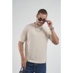 Fitilli Esnek Bisiklet Yaka Erkek Yarım Oversize Kalıp Tişört - Bej - 2XL
