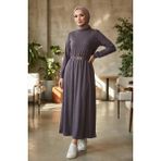 Fitilli Kuşaklı Tesettür Elbise 2226-02 Gri - 38 - 40