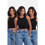 Fitilli Siyah Crop Halter Yaka Sıfır Kol Pamuklu 3'lü Kadın Atlet