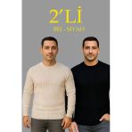 Fitilli Triko Kazak 2’Li Set – Bej Beyaz, Kalın Dokuma Pamuklu Regular Fit Bisiklet Yaka Uzun Kollu Rahat Kışlık Kazak Kombini