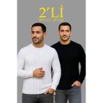 Fitilli Triko Kazak 2’Li Set – Siyah Beyaz, Kalın Dokuma Pamuklu Regular Fit Bisiklet Yaka Uzun Kollu Rahat Kışlık Kazak Kombini