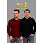 Fitilli Triko Kazak 2’Li Set – Siyah Bordo, Kalın Dokuma Pamuklu Regular Fit Bisiklet Yaka Uzun Kollu Rahat Kışlık Kazak Kombini