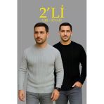 Fitilli Triko Kazak 2’Li Set – Siyah Gri, Kalın Dokuma Pamuklu Regular Fit Bisiklet Yaka Uzun Kollu Rahat Kışlık Kazak Kombini