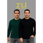 Fitilli Triko Kazak 2’Li Set – Siyah Haki, Kalın Dokuma Pamuklu Regular Fit Bisiklet Yaka Uzun Kollu Rahat Kışlık Kazak Kombini
