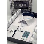 Fitmens Erkek Klasik Uzun Kol Keten Cotton Hediye Kutulu Gömlek - Beyaz Lacivert FS-001261