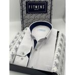 Fitmens Klasik Uzun Kol Keten Cotton Hediye Kutulu Erkek Gömlek FS-001261 - Beyaz Lacivert - 4XL