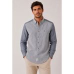 Fitmens Slim Fit Uzun Kol Çift Desen Yaka Düğmeli Keten Likra Cepsiz Hediye Kutulu Erkek Gömlek FS-004578 - Lacivert - XL