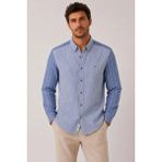 Fitmens Slim Fit Uzun Kol Çift Desen Yaka Düğmeli Keten Likra Cepsiz Hediye Kutulu Erkek Gömlek FS-004578 - Saks Mavi