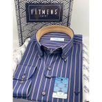 Fitmens Slim Fit Uzun Kol Premium Çizgili Yaka Düğmeli Hediye Kutulu Erkek Gömlek FS-004335 - Lacivert Bej - Lacivert - Bej