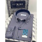 Fitmens Slim Fit Uzun Kol Premium Kalın Çizgili Yaka Düğmeli Hediye Kutulu Kolay Ütülenebilir Erkek Gömlek FS-001375 - Lacivert - 3XL