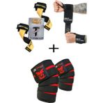 Fitness Sporcu Bilekliği Wrist Wraps Legend + Ağırlık Kaldırma Kayışı T-Grips Lifting Straps + Antrenman Dizliği Knee Wraps Elite 3'lü Paket