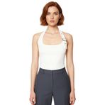 Fitted Kalıp Viskoz Ribana Crop Bluz Boyundan Bağlamalı Yaka Günlük Stil_Beyaz-L