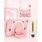 Five-E Apple iPad 10./11. Nesil (10.9/11 Inc) Kedi Figürlü Askılı Çocuk Tablet Kılıfı ve Kolay Uygulama Aparatlı Temperli Cam - Pembe