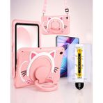 Five-E Samsung Galaxy Tab A9/A11 8.7 Inc Kedi Figürlü Askılı Çocuk Tablet Kılıfı ve Kolay Uygulama Aparatlı Temperli Cam SM-X230 X-110 - Pembe