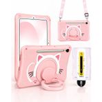 Five-E Samsung Galaxy Tab S7 Kedi Figürlü Askılı Çocuk Tablet Kılıfı ve Kolay Uygulama Aparatlı Temperli Cam Sm- T870 T875 T878 - Pembe