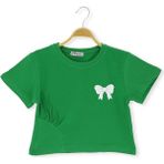 Fiyonklu Baskılı 36/1 Kompak Crop Kız Tshirt Yeşil - 12 Yaş