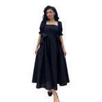 Fiyonklu Kare Yaka Kloş Poplin Elbise (Siyah, 2XL)