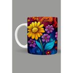 Fizello Renkli Çiçekler Colorful Floral Temalı Kupa, 330 ml, Beyaz, Seramik FIZELLO-MUG-110-colorful-floral
