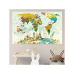Fiziki Kreş İçin Eğitici Dünya Haritası Duvar Sticker, 70X105 Cm