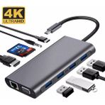 Flagen Macbook Uyumlu Type-C'den 4x USB 3.0 4K 1080P Hd HDMI VGA 1000 Mbps Gigabit RJ45 Pd Şarj Aux Ses Sd Tf Kart Destekli 11 In 1 Çevirici Hub Adaptör