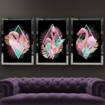 Flamingo Temalı Aynalı Çerçeveli 3 lü Kanvas Tablo Seti 150x70 cm SETS0044
