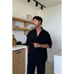 Flaw Basic Oversize Kısa Kol Keten Gömlek Siyah