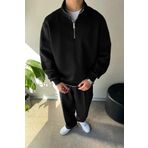Flaw Wear Half Zip Oversize Polo Yaka Siyah Sweatshirt