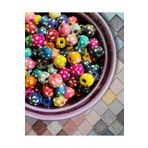 Flea Market 10mm Karışık Renkli Çiçek Puantiye Desenli Ahşap,tahta Boncuk (25gr,~75 Adet) BNCK-605