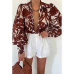 Fleetwood Blouse - Rahat Kesimli, Düğmeli, Uzun Püskül Kol Bluz - Kahverengi - XS
