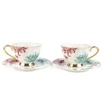 Fleur Beyaz Çiçek Desenli Porselen Çay Fincan Seti, 2'li, 200cc, Altın Detaylı, 4 Parça 2KİŞİLİK