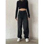 Flexifit Aden Baggy Koyu Mavi Yıkamalı Toka Detaylı Bol Kesim Geniş Paça Rahat Jean Kot Salaş Kadın Pantolon Mevsimlik Salaş Günlük - Siyah - 30