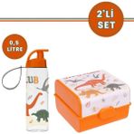 Flora Flosoft Dino Club Matara ve Beslenme Kutusu, Desenli 3 Bölmeli Okul Beslenme Kabı ve Suluğu 2’li Set - Kapaklı - 15x15x10 cm - 860-Turuncu