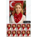 Flora Tekstil 10 Adet Ay Yıldız Türk Bayrağı Temalı Pamuk Kumaş Fular - Bandana - 23 Nisan, 29 Ekim, 19 Mayıs - 00-Kırmızı