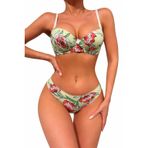 Floral Desenli Destekli Bikini Sütyen ve Külot Takımı, Çiçek Baskılı, Yeşil ve Pembe Tonları, Ayarlanabilir Askılı, Yaz Plaj Koleksiyonu (YEŞİL, XL)