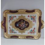 Floransa Sanat El Yapımı Ahşap Dikdörtgen Tepsi, Gold Yaprak ve Bordo, Çiçek Desenli, 55x36 cm