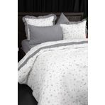 Floria Premium Çift Kişilik Fırfırlı Nevresim Takımı,%100 Pamuk, Çiçek Desenli, Gri-Beyaz
