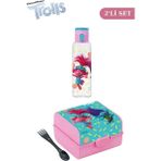 Flosoft Lisanslı Trolls Düğmeli Matara ve Beslenme Kutusu, 3 Bölmeli Okul Kabı ve Suluğu 2’li Set - Pembe - 2'li Set - 500ml
