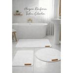 Flow Home 3’lü Peluş Banyo Paspası Kaymaz Tabanlı Yıkanabilir Lüks Yumuşak Klozet Takımı Beyaz Su Emici Halı - 1BW-Beyaz