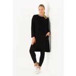Flowist Kadın Büyük Beden Siyah Ribana Detaylı Reglan Kollu Tunik
