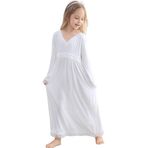 Flwydran Kızlar için Gece Kıyafeti, Uzun Vintage Yumuşak Pamuk Çocuk Pijama Geceleri, 3-12 Yaş Çocuklar için Tam Boy Gecelik, beyaz 2, 6-7 Years