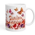 Fm "canım Annem" Yazılı Kelebek ve Çiçek Tasarımlı Kupa - Anneye Özel Anlamlı Hediye - Canım Annem Tasarım Kupa - Kelebek Illüstrasyonlu Hediyelik Porselen Kahve Kupası - Renkli