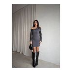 FMN Butik tok kumaş tasarım ekose kayık yaka gömlek detay straplez geçiş uzun kollu pinterest mini elbise