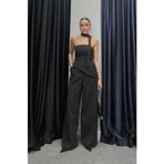 FMN Collection boynu şallı sırt ip detay bele oturan asimetrik tasarım muadil straplez bluz bol pantlon üçlü takım