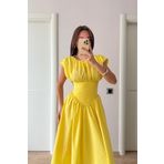 FMN Collection drapeli geniş çan etek beli büzgü tasarım kısa kollu bele oturan pinterest şık muadil midi elbise